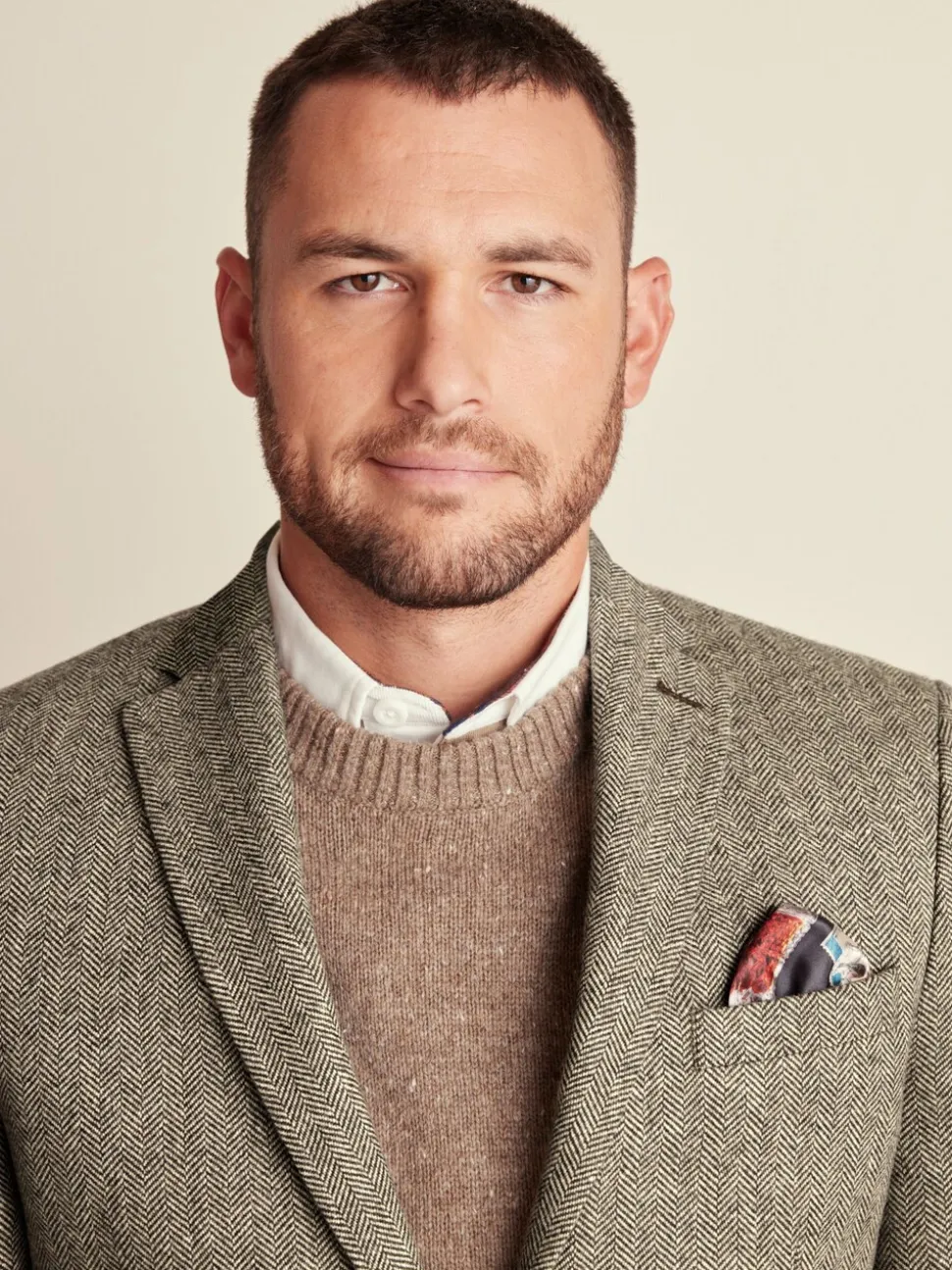 Taupe - Slim Fit - Blazer met visgraatmotief en hoog wolgehalte