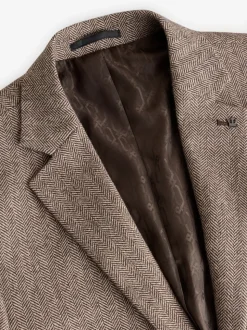 Taupe - Slim Fit - Blazer met visgraatmotief en hoog wolgehalte