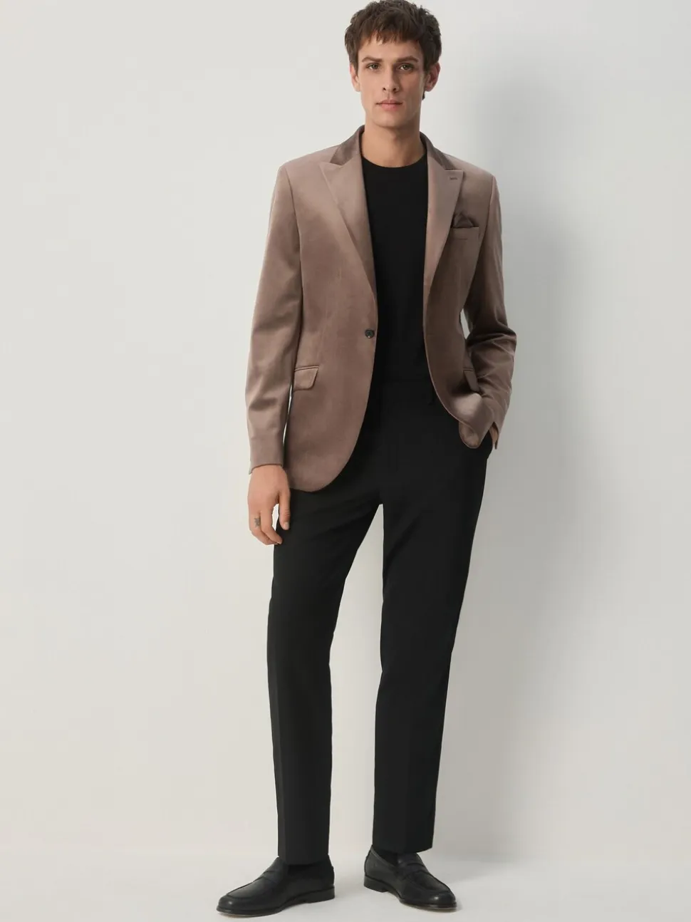 Taupe - Slim Fit - Velvet blazer met zelfrevers