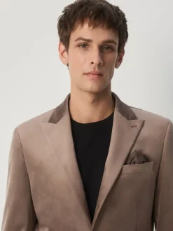 Taupe - Slim Fit - Velvet blazer met zelfrevers