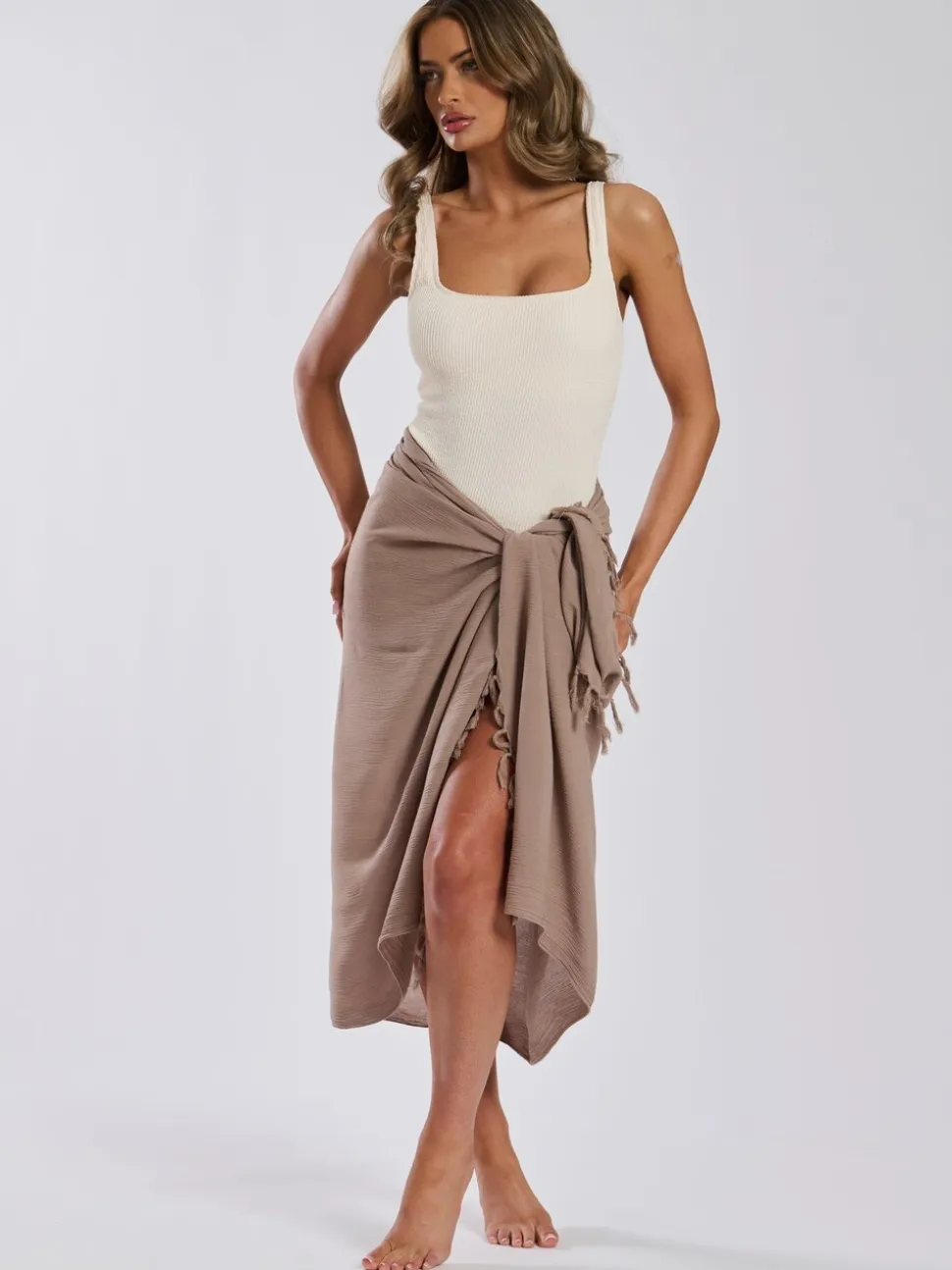 Taupe - South Beach - Gekreukte viscose sarong-tuniek met franje
