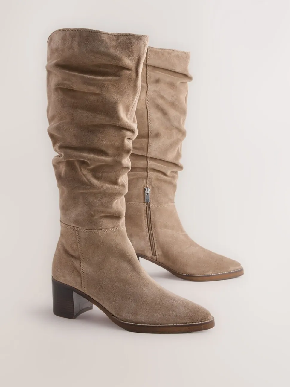 Taupe Brown Suede - Forever Comfort® Slouchy Knee High Block Heeled Boots