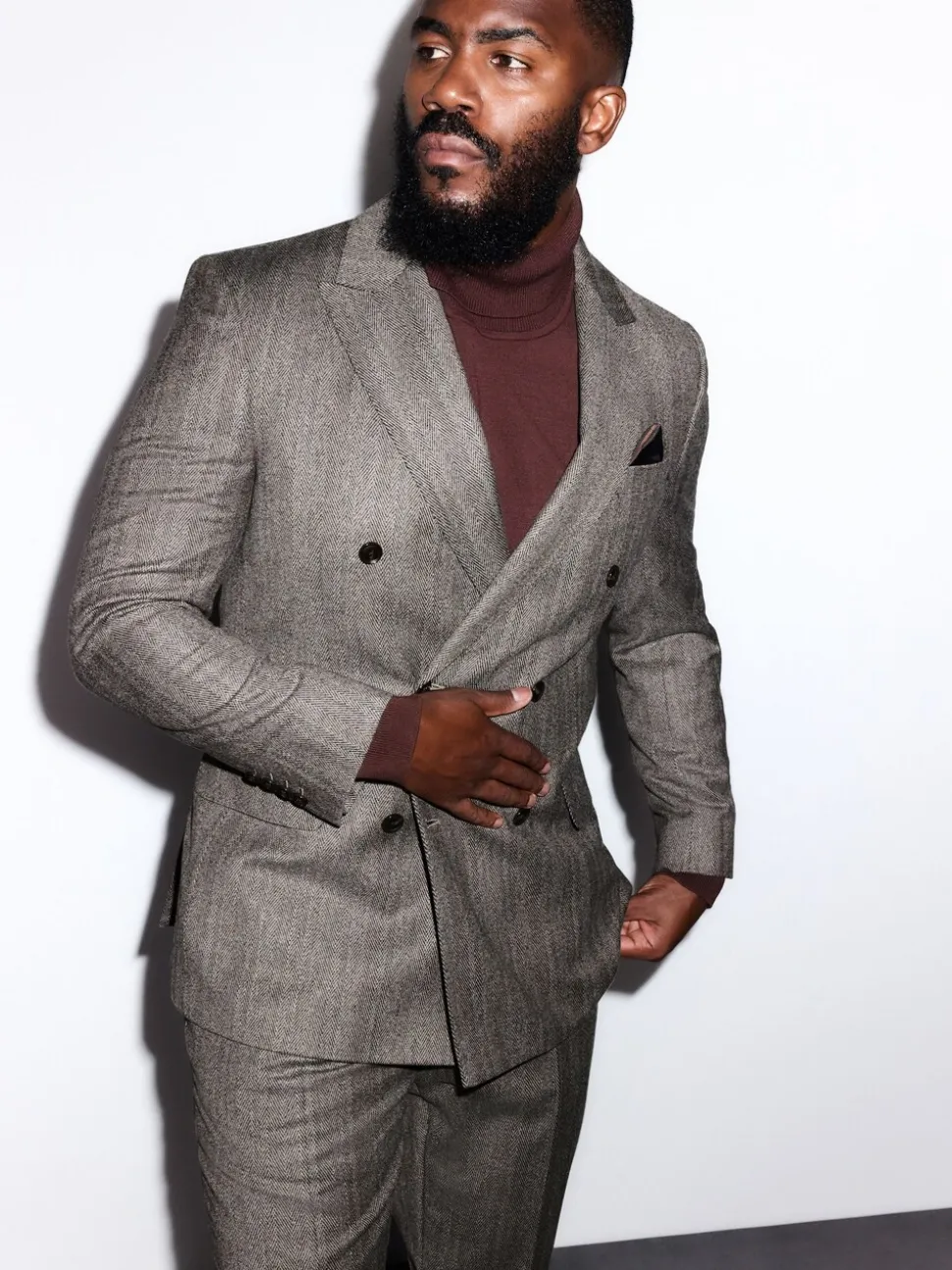 Taupe bruin - Double Breasted Signature Marzotto 100% Italian Wool Herringbone Suit Jacket