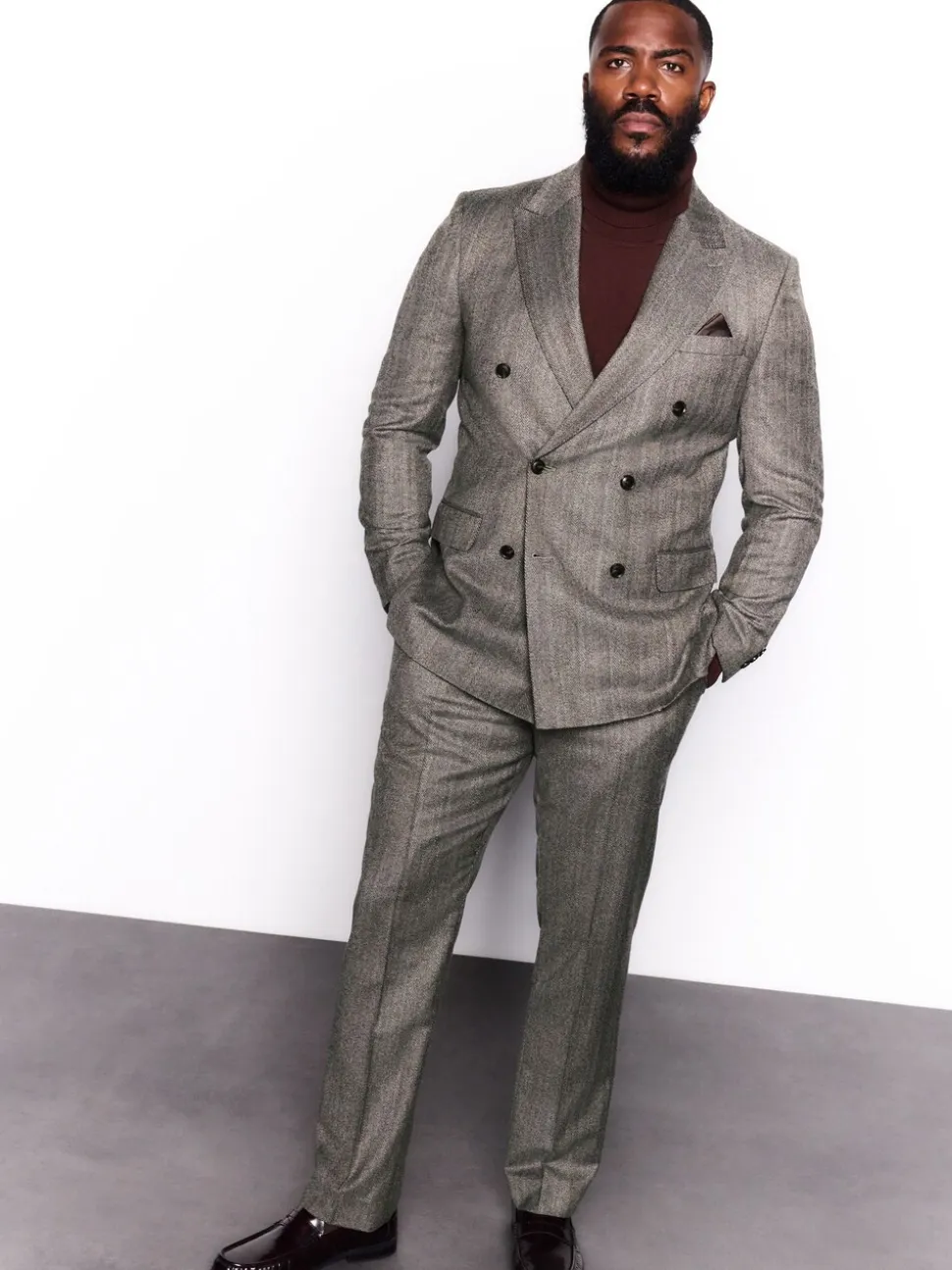 Taupe bruin - Double Breasted Signature Marzotto 100% Italian Wool Herringbone Suit Jacket