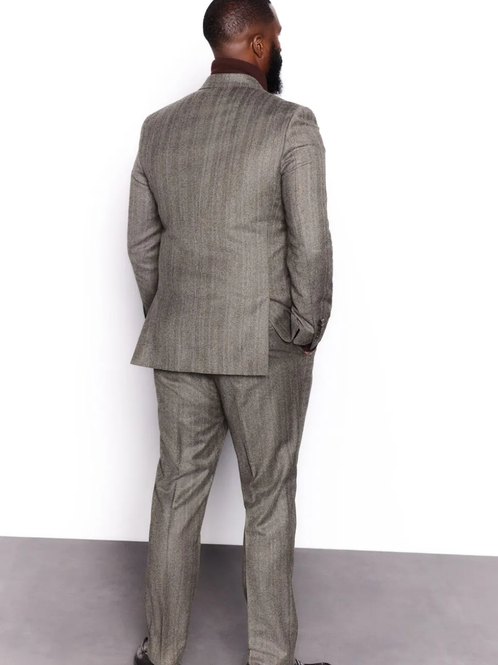 Taupe bruin - Double Breasted Signature Marzotto 100% Italian Wool Herringbone Suit Jacket