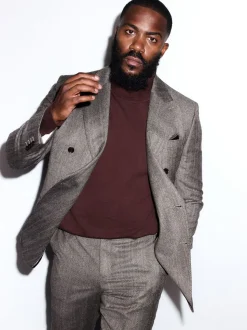 Taupe bruin - Double Breasted Signature Marzotto 100% Italian Wool Herringbone Suit Jacket
