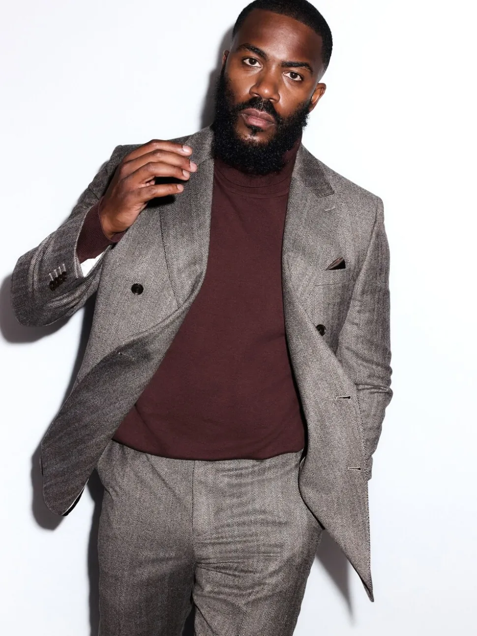 Taupe bruin - Double Breasted Signature Marzotto 100% Italian Wool Herringbone Suit Jacket