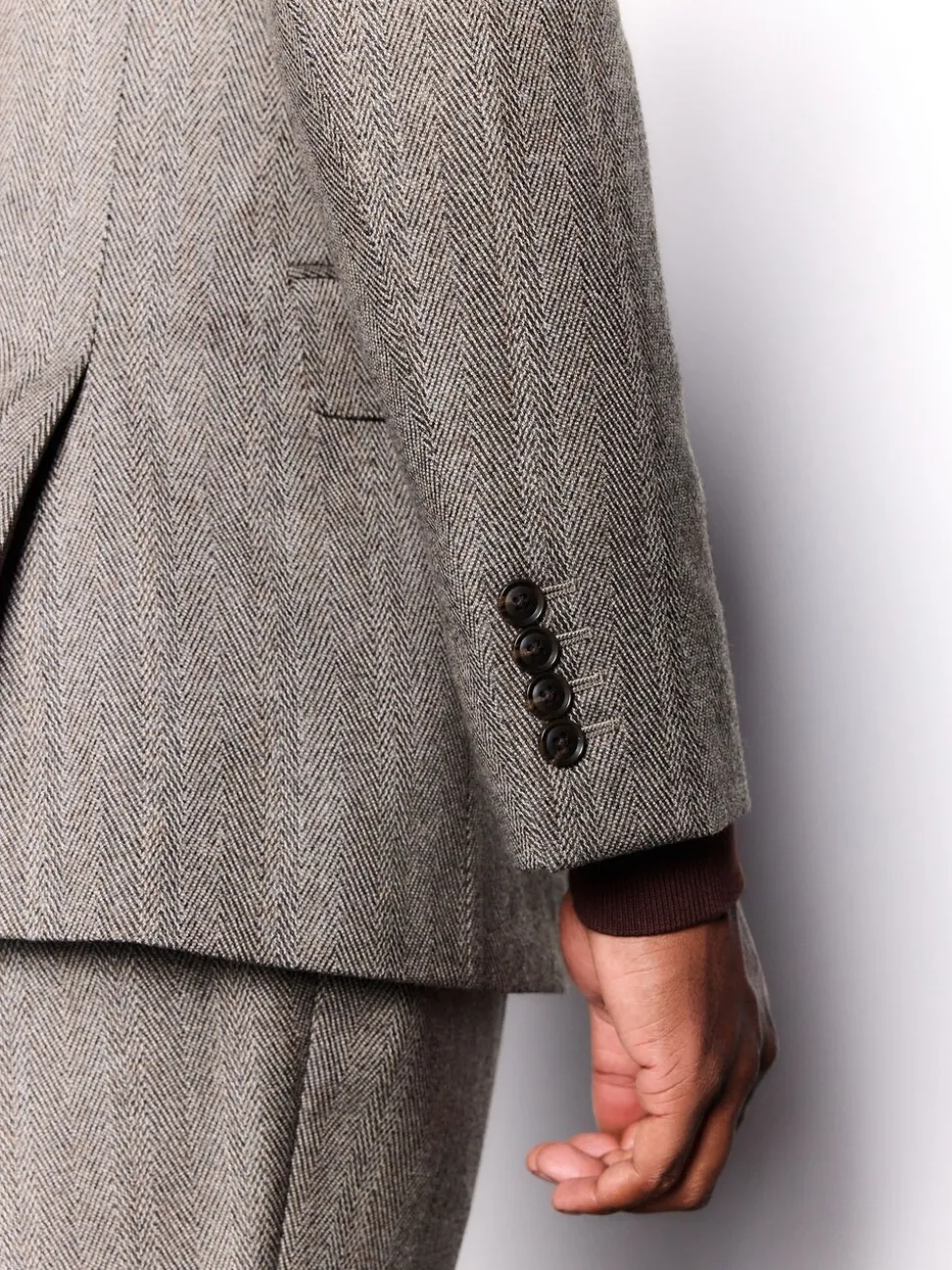 Taupe bruin - Double Breasted Signature Marzotto 100% Italian Wool Herringbone Suit Jacket