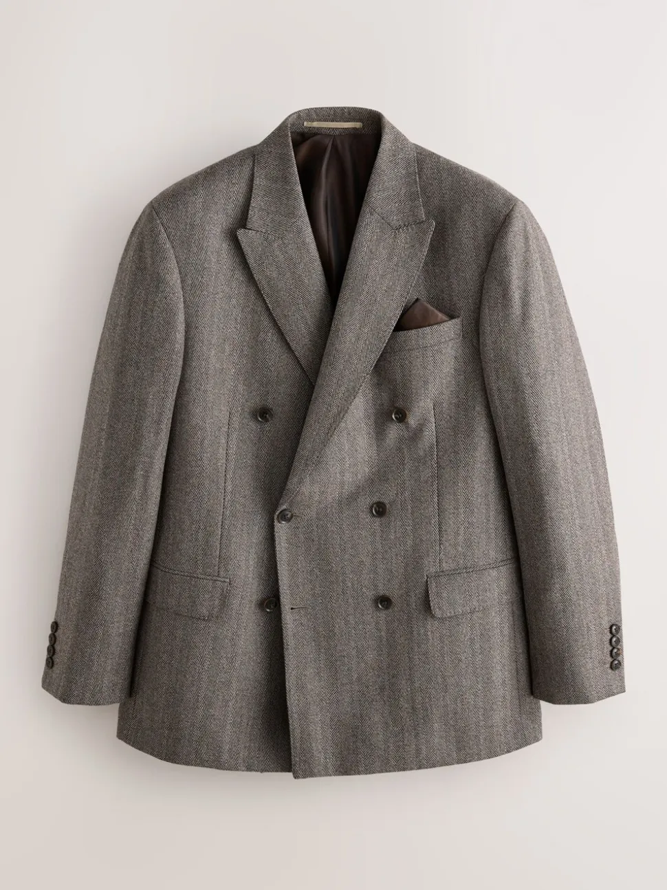 Taupe bruin - Double Breasted Signature Marzotto 100% Italian Wool Herringbone Suit Jacket