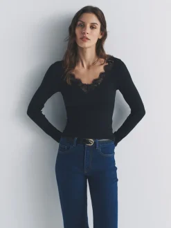The Set 4 Pack Long Sleeve V-Neck Ribbed Lace Trim T-Shirt