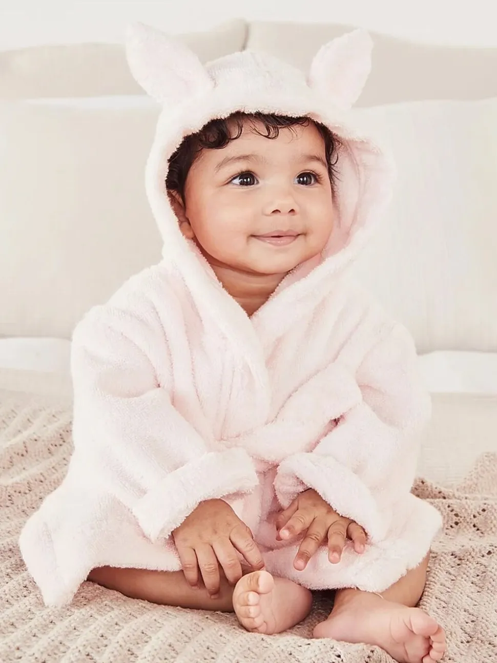 The White Company roze babybadjas met berenoren van 100% katoen
