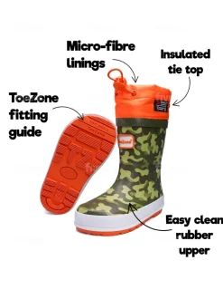 ToeZone - Oranje regenlaarzen met camouflageprint en gestrikte bovenkant
