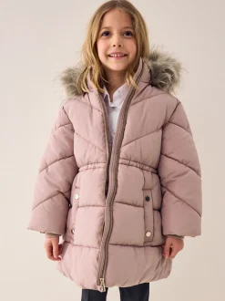 Toffee met roze - Regenbestendige gewatteerde jas met imitatiebontrand (3 - 16 jr)