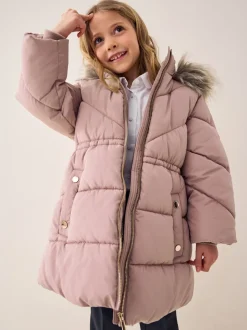 Toffee met roze - Regenbestendige gewatteerde jas met imitatiebontrand (3 - 16 jr)