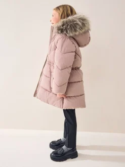 Toffee met roze - Regenbestendige gewatteerde jas met imitatiebontrand (3 - 16 jr)