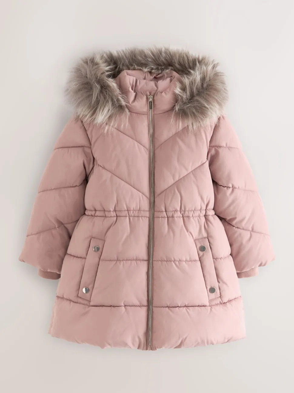 Toffee met roze - Regenbestendige gewatteerde jas met imitatiebontrand (3 - 16 jr)
