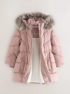 Toffee met roze - Regenbestendige gewatteerde jas met imitatiebontrand (3 - 16 jr)