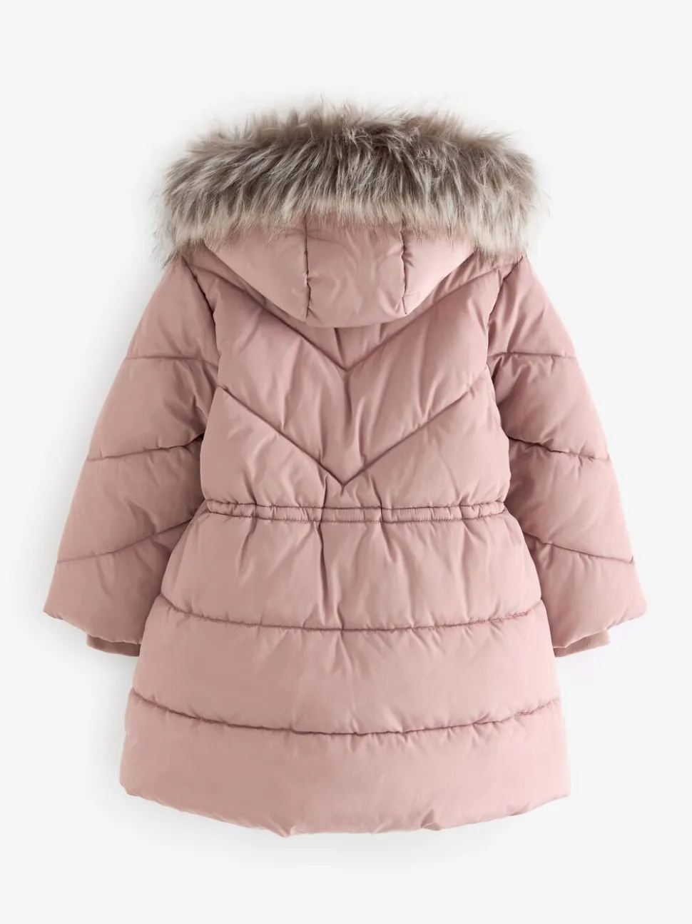 Toffee met roze - Regenbestendige gewatteerde jas met imitatiebontrand (3 - 16 jr)