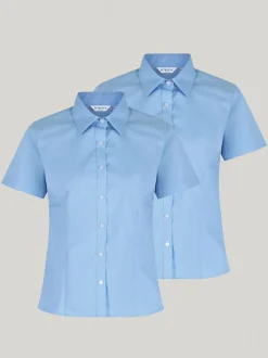 Trutex Blauw Slim fit Korte mouwen 2 Pack School overhemden