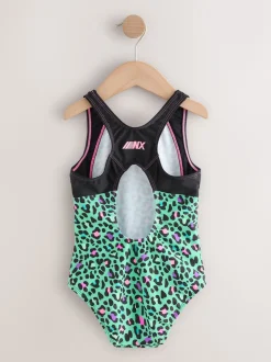 Turquoise met dierenprint - Sports Open Back Swimsuit (3-16yrs)