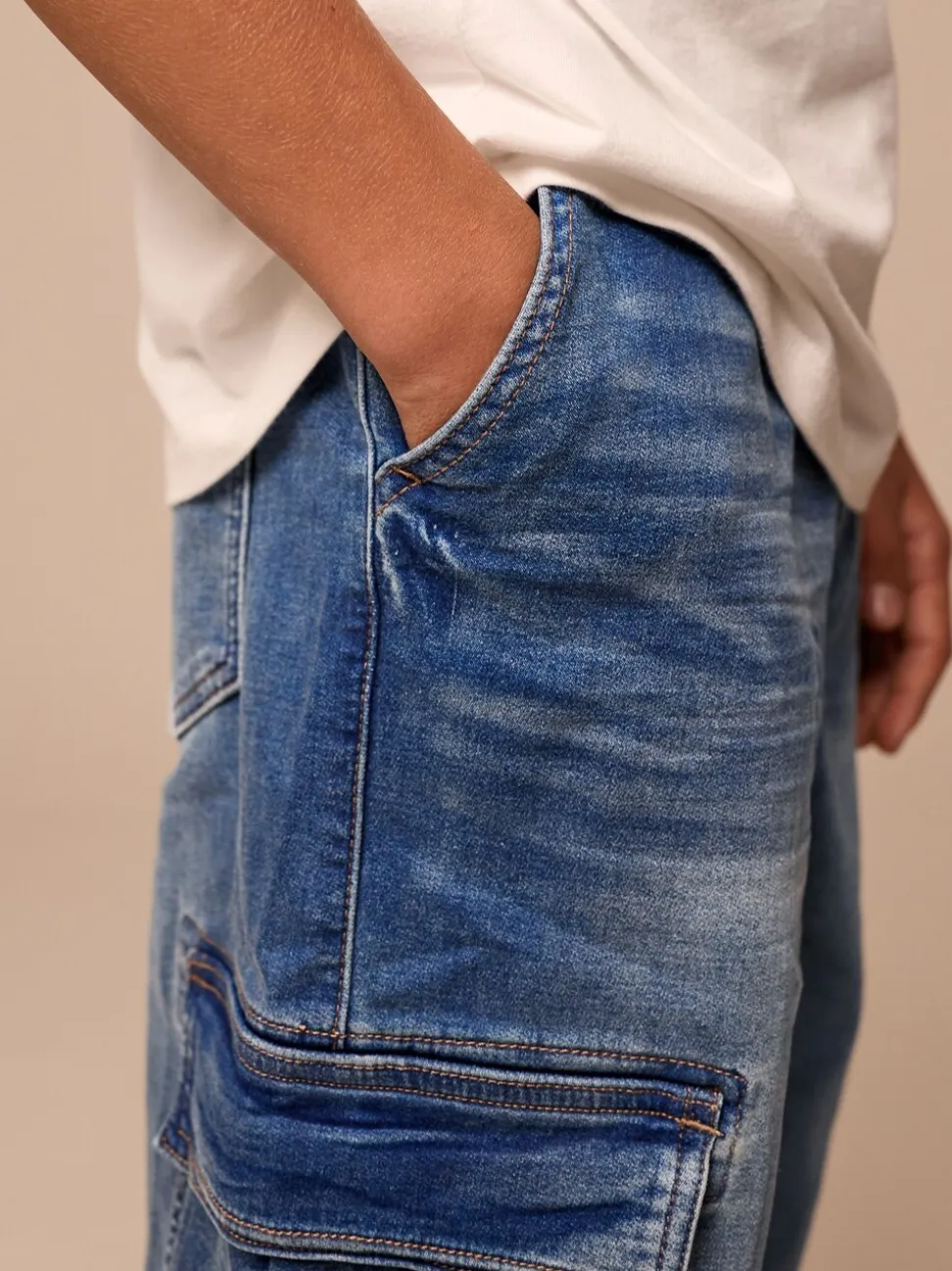 Vintage blauw - Cargo jeans met elastische taille (3-16 jr)