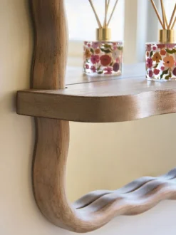 Wavy Pine Wood Shelf Bathroom Wall Mirror