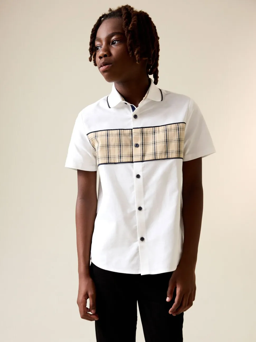 White Check Splice - Short Sleeve Smart Shirt (3-16yrs)