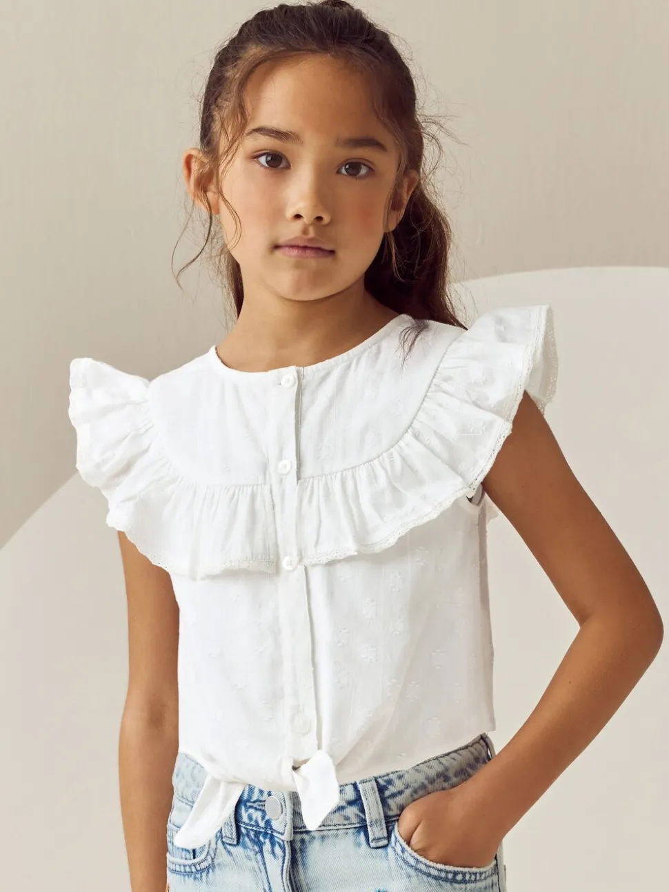 Wit - 100% katoenen blouse met strik aan de voorkant (3 - 16 jr)