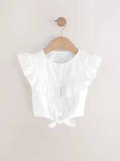 Wit - 100% katoenen blouse met strik aan de voorkant (3 - 16 jr)
