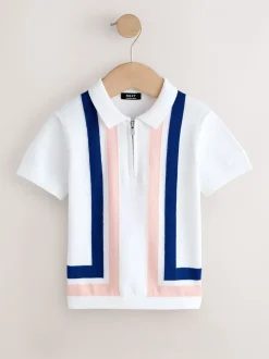 Wit - 100% katoenen gebreid poloshirt met rits bij de hals (3mnd-7jr)