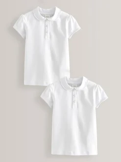Wit - 2 Pack katoenen stretchy schoolpoloTops met rucheskraag (3-16jr)