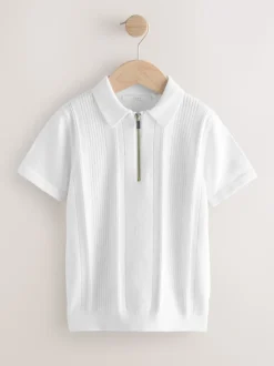 Wit - Gebreid poloshirt met rits bij de hals (3-16jr)