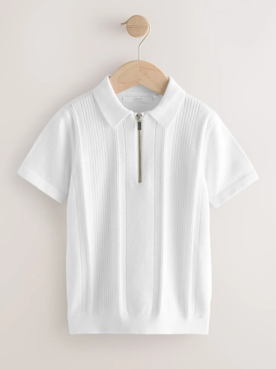 Wit - Gebreid poloshirt met rits bij de hals (3-16jr)