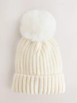 Wit - Geribbelde beanie-muts met pompon (3mnd -16jr)