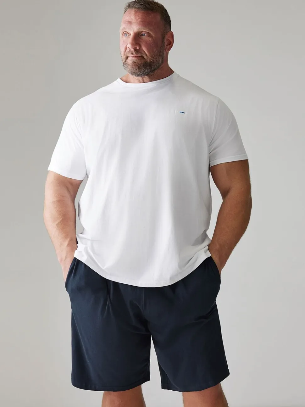 Wit / marineblauw - BadRhino Big & Tall Lounge 100% katoenen short en T-shirt set