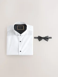 Wit - Normale Pasvorm - Double Cuff Regular Fit Shirt And Bow Tie Pack