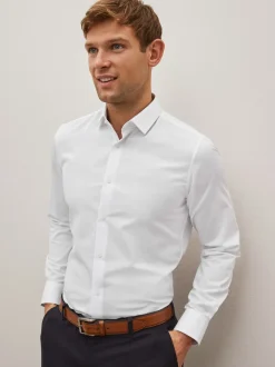 Wit - Normale Pasvorm - Onderhoudsvriendelijk, getextureerd, slim fit overhemd met enkele manchet