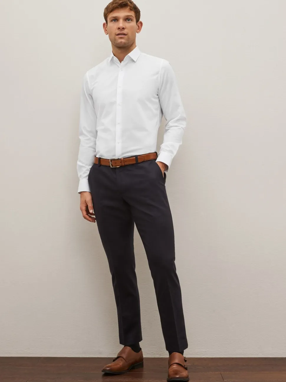 Wit - Normale Pasvorm - Onderhoudsvriendelijk, getextureerd, slim fit overhemd met enkele manchet