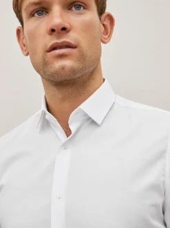 Wit - Normale Pasvorm - Onderhoudsvriendelijk, getextureerd, slim fit overhemd met enkele manchet