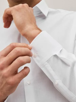 Wit - Normale Pasvorm - Onderhoudsvriendelijk, getextureerd, slim fit overhemd met enkele manchet