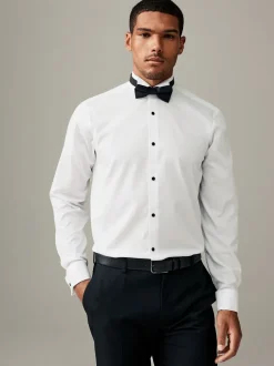 Wit - Normale Pasvorm - Textured Double Cuff Long Sleeve Shirt With Wing Collar And Bow Tie Pack