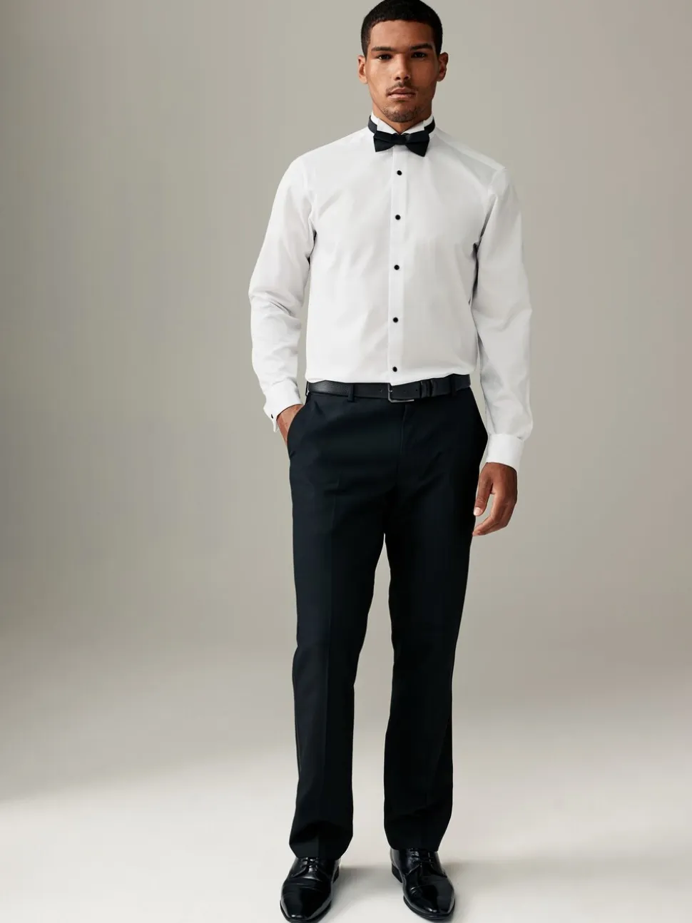 Wit - Normale Pasvorm - Textured Double Cuff Long Sleeve Shirt With Wing Collar And Bow Tie Pack
