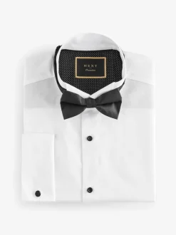 Wit - Normale Pasvorm - Textured Double Cuff Long Sleeve Shirt With Wing Collar And Bow Tie Pack