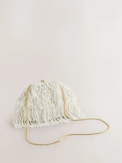 Wit - Pearl Effect Embellished Fringe Clutch Bag