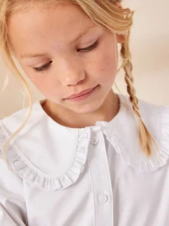 Wit - Premium schoolblouse met stretch, kraag met ruches en lange mouwen (3-14jr)