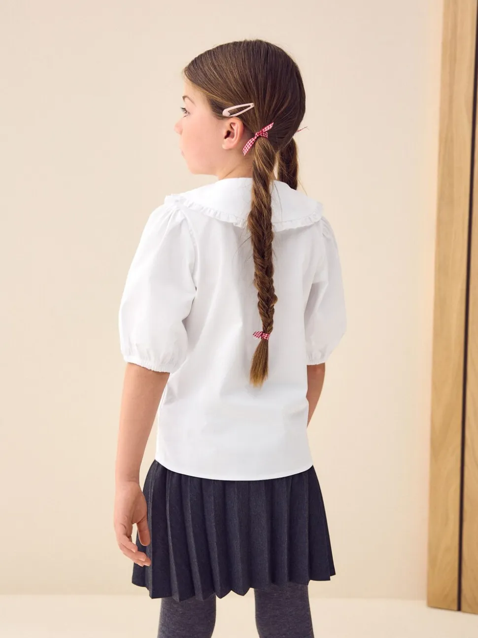 Wit - Premium schoolblouse met kraag met ruches en hoog aandeel katoen (3-14 jr)
