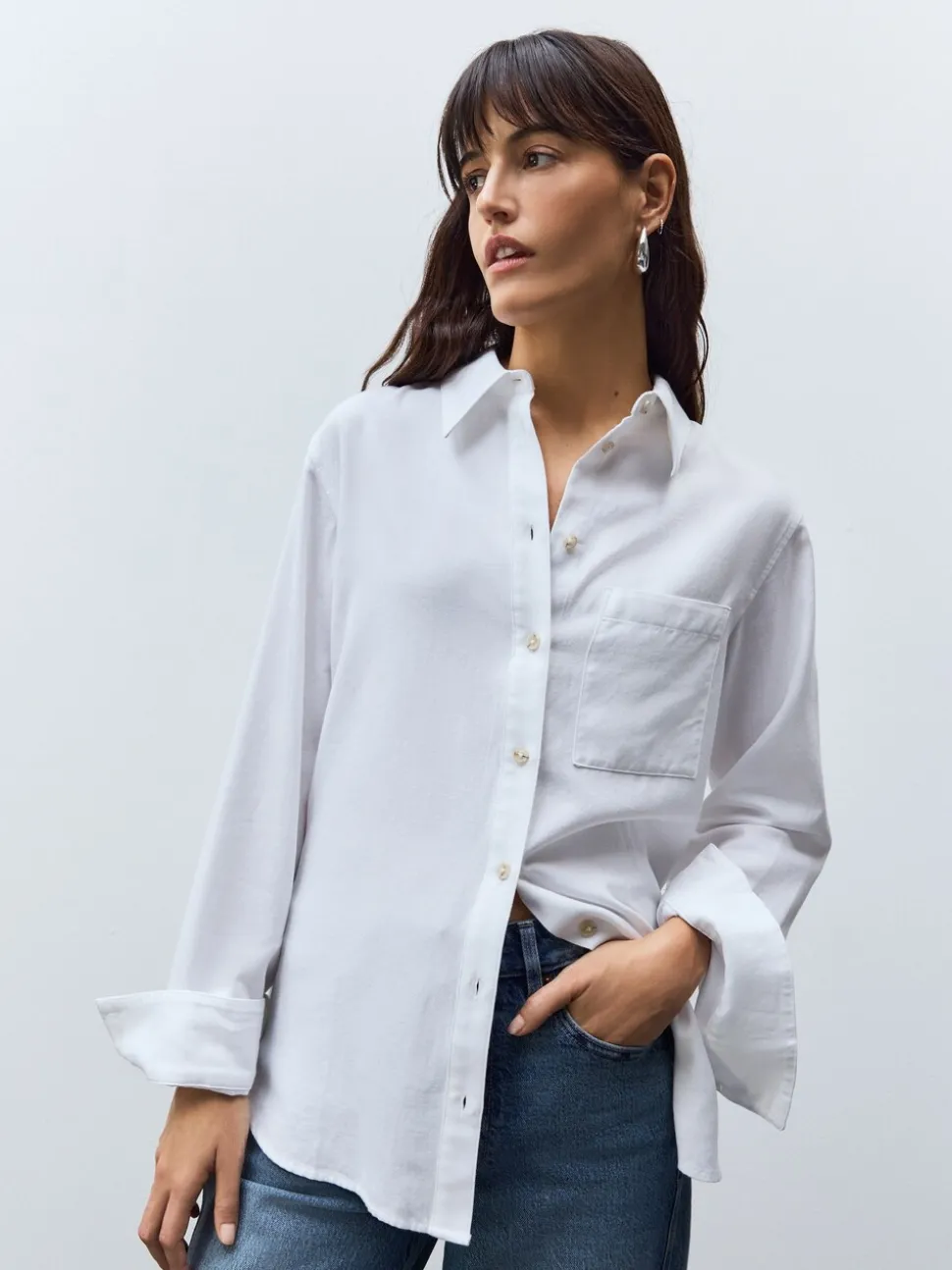 Wit - Ruimvallend 100% katoenen button-down casual overhemd met lange mouwen