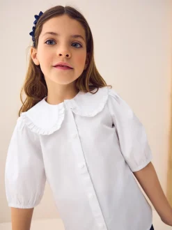 Wit - Schoolblouse met klittenbandsluiting, kraag met ruches en hoog aandeel katoen (3-14jr)