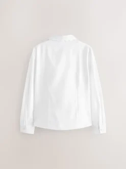 Wit - Schoolblouse met lange mouwen en gegolfde kantafwerking (3-14 jr)