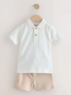 Wit - Set van poloshirt met textuur en korte mouwen en shorts (3 mnd - 7 jr)